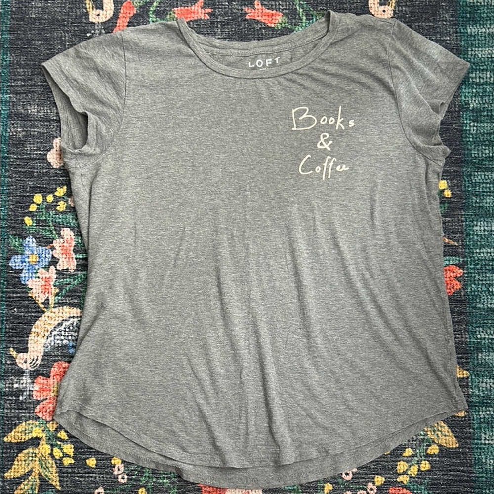 Loft “Books & Coffee” Gray Cap Sleeve Graphic Tee, Size Large